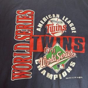 MN Twins 1991 World Series Champs T Shirt Navy Blue Men XL Single Stitch Vtg